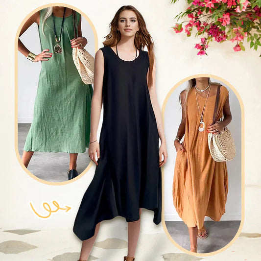👗Ležérní šaty bez rukávů z bavlny a lnu s kapsičkou✨