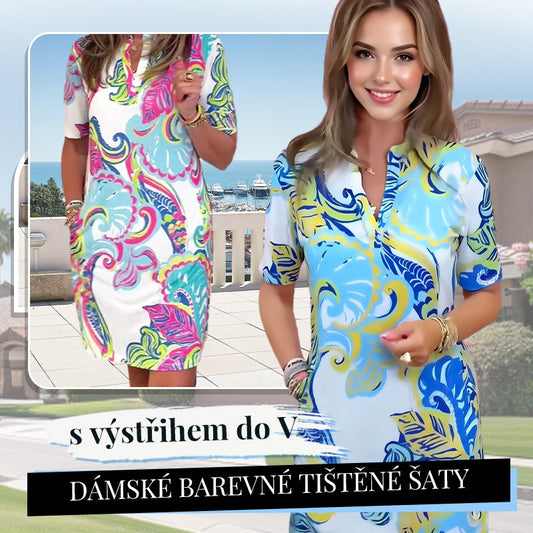 Dámské barevné tištěné šaty s výstřihem do V💐Náhrdelník s křížkem a korunkou zdarma👑