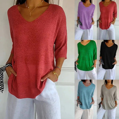 【M-4XL】💐 Jednobarevný pletený top s výstřihem do V