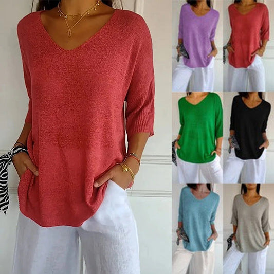 【M-4XL】💐 Jednobarevný pletený top s výstřihem do V