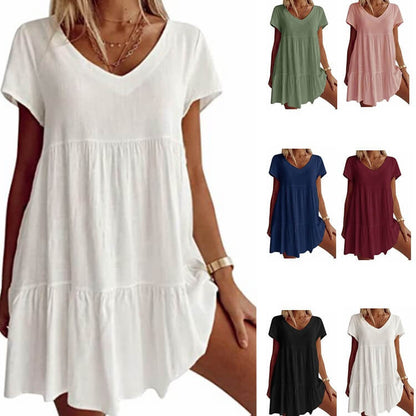 ✨Ležérní tkané šaty s krátkým rukávem a výstřihem do V👗