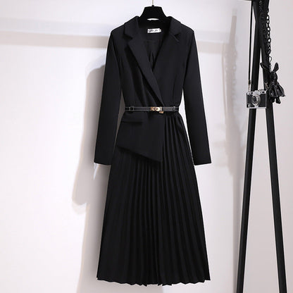 🔥🔥Asymmetrical Patchwork Pleated Blazer Dress with Belt