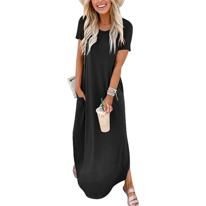 💖Dámské ležérní volné krátké rukávy Pocket Split Maxi šaty