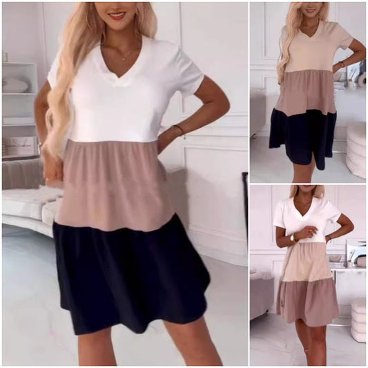 🔥Tříbarevný patchworkový vzor, elegantní dámské dlouhé šaty s výstřihem