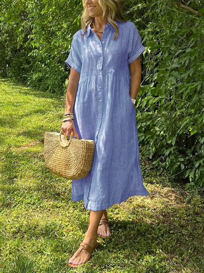 🔥👗 Pruhované košilové šaty s klopami a knoflíky | S funkčními kapsami