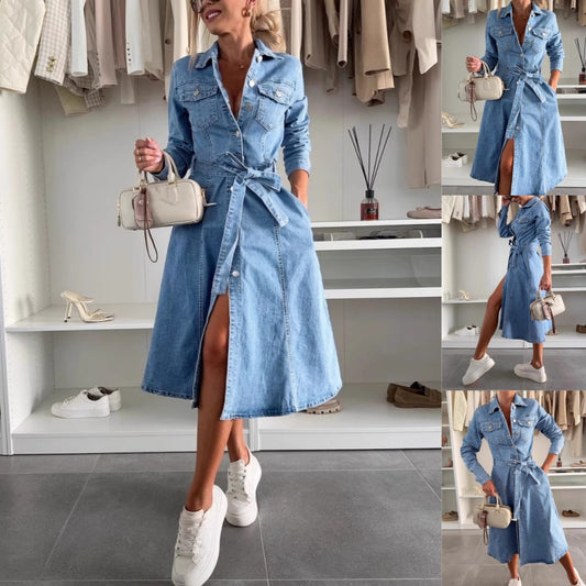 ✨Dámské džínové šaty s dlouhými rukávy na knoflíky👗