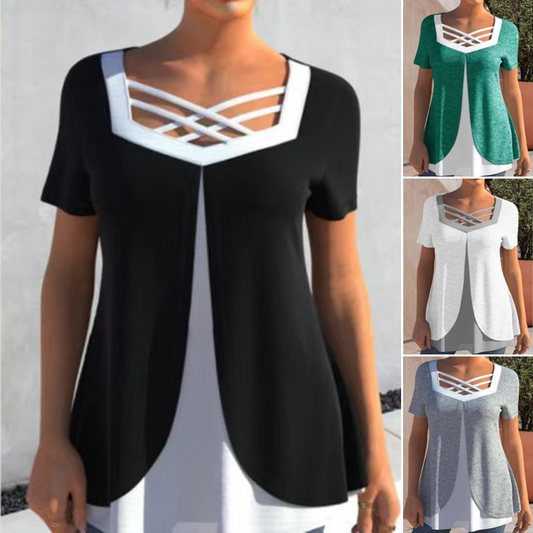 💖Stylový top s krátkým rukávem a příčným výstřihem do V